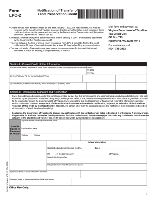 Fillable Form Lpc-2 - Notification Of Transfer Of Land Preservation Credit Printable pdf