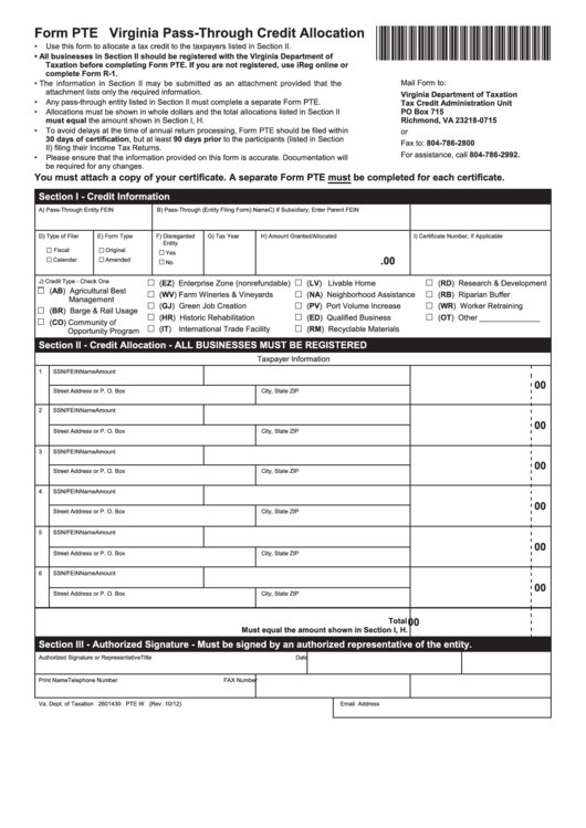 Fillable Form Pte - Virginia Pass-Through Credit Allocation Printable pdf