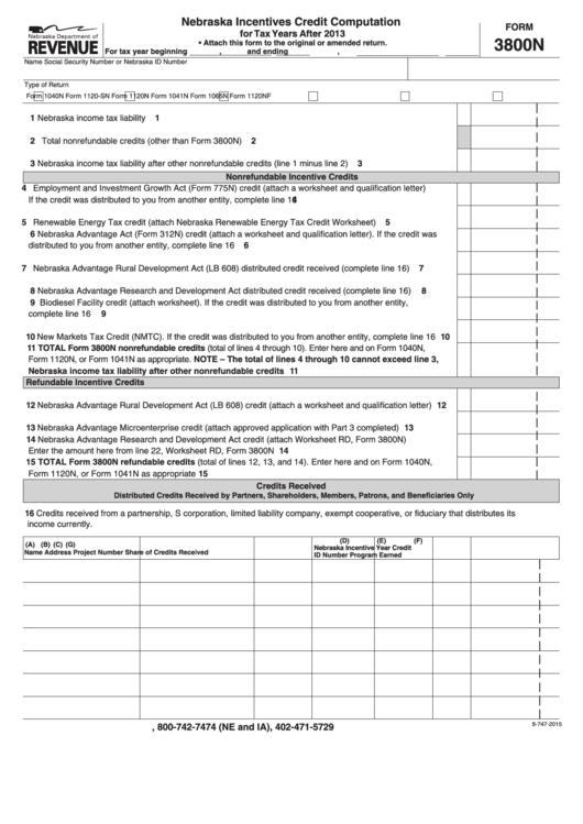 Fillable Form 3800n - Nebraska Incentives Credit Computation Printable pdf