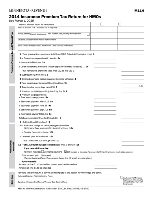 Fillable Form M11h - Insurance Premium Tax Return For Hmos - 2014 Printable pdf