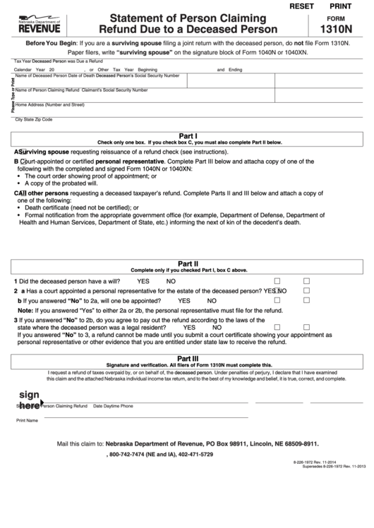 Fillable Form 1310n - Nebraska Statement Of Person Claiming Refund Due To A Deceased Person Printable pdf