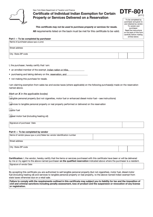Form Dtf-801 - Certificate Of Individual Indian Exemption For Certain Property Or Services Delivered On A Reservation Printable pdf