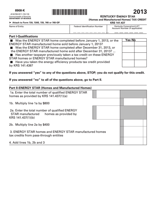 Form 8908-K - Kentucky Energy Star (Homes And Manufactured Homes) Tax Credit - 2013 Printable pdf