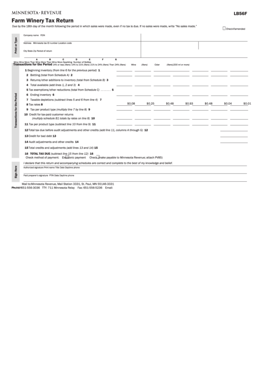 Fillable Form Lb56f - Farm Winery Tax Return Printable pdf