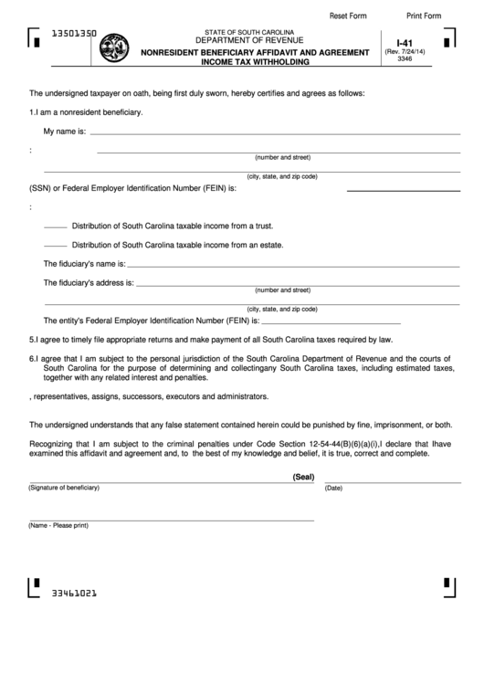Fillable Form I-41 - Nonresident Beneficiary Affidavit And Agreement Income Tax Withholding Printable pdf