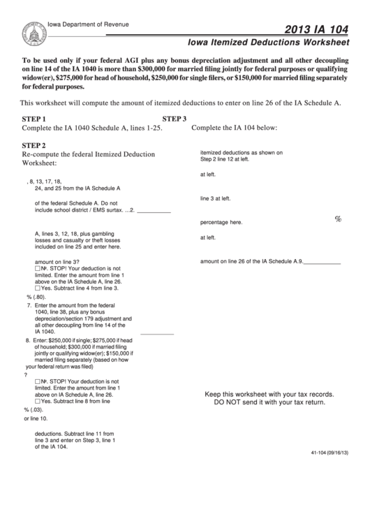 Fillable Form Ia 104 - Iowa Itemized Deductions Worksheet - 2013 Printable pdf