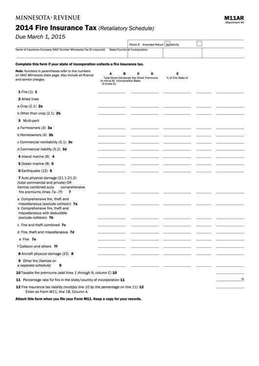 Fillable Form M11ar - Fire Insurance Tax - 2014 Printable pdf