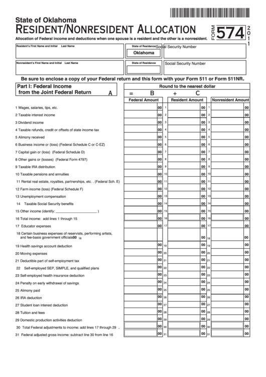 Fillable Form 574 - Resident/nonresident Allocation - 2011 Printable pdf