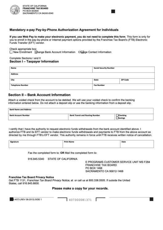 Form Ftb 4073 - Mandatory E-Pay Pay-By-Phone Authorization Agreement For Individuals Printable pdf
