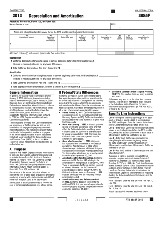 Fillable California Form 3885f - Depreciation And Amortization - 2013 Printable pdf