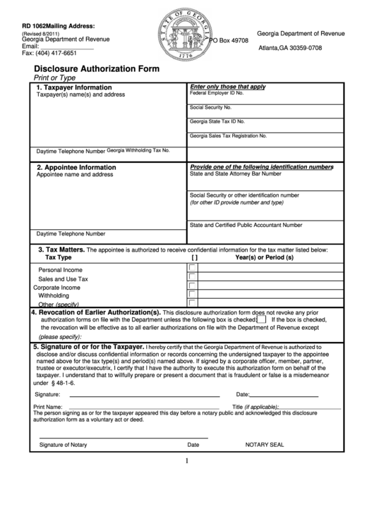 Fillable Form Rd 1062 - Disclosure Authorization Form Printable pdf