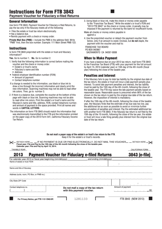 California Form 3843 (E-File) - Payment Voucher For Fiduciary E-Filed Returns - 2013 Printable pdf
