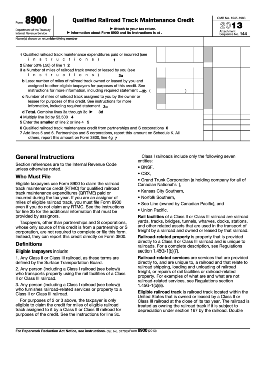 Fillable Form 8900 - Qualified Railroad Track Maintenance Credit - 2013 Printable pdf