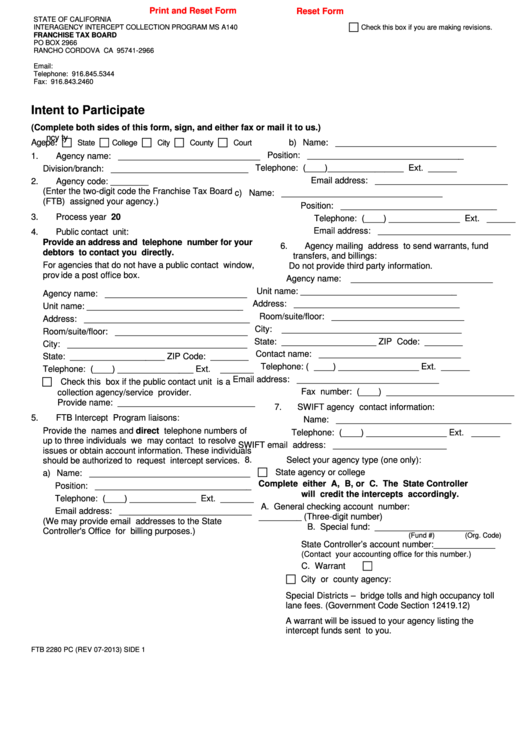 Fillable Form Ftb 2280 Pc - Intent To Participate Printable pdf