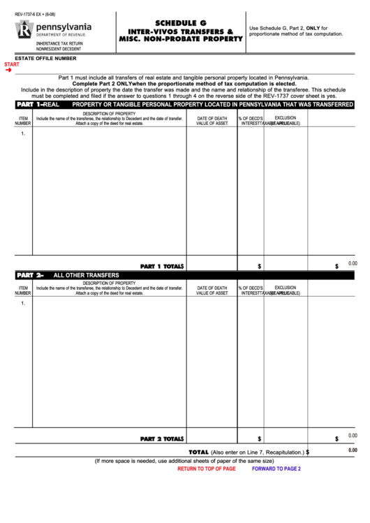 Fillable Schedule G (Form Rev-1737-6 Ex) - Inter-Vivos Transfers & Misc. Non-Probate Property, Schedule H - Funeral Expenses & Administrative Costs Printable pdf