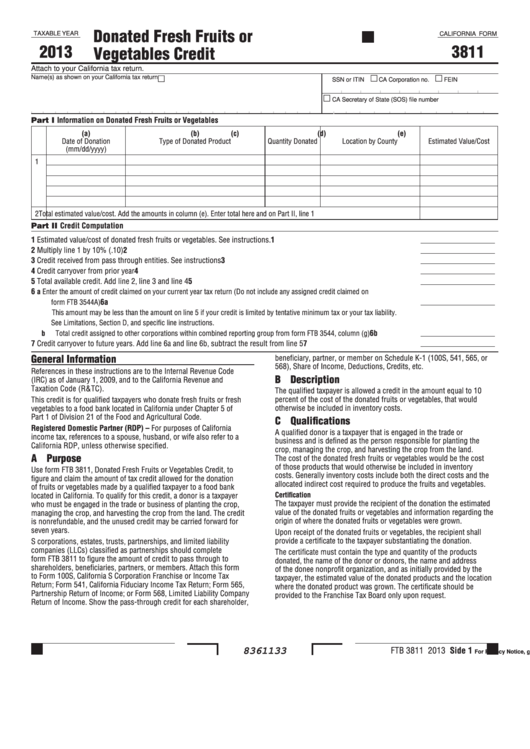 Fillable California Form 3811 - Donated Fresh Fruits Or Vegetables Credit - 2013 Printable pdf