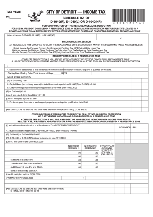 Schedule Rz Of D-1040(R), D-1040(L) Or D-1040(Nr) - Income Tax - City Of Detroit Printable pdf