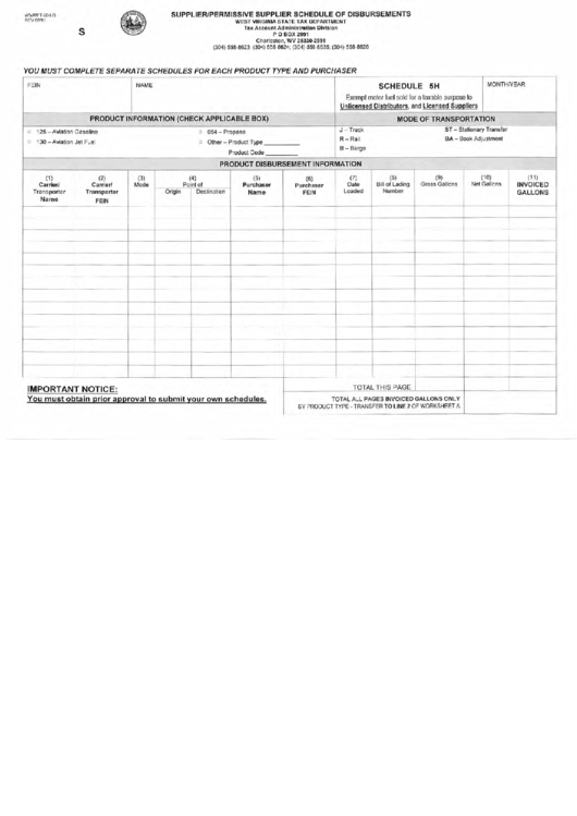 Fillable Form Wv/mft-504 G (Schedule 5h) - Supplier/permissive Supplier Schedule Of Disbursements Printable pdf