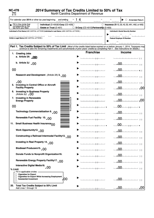 Form Nc-478 - North Carolina Summary Of Tax Credits Limited To 50% Of Tax - 2014 Printable pdf