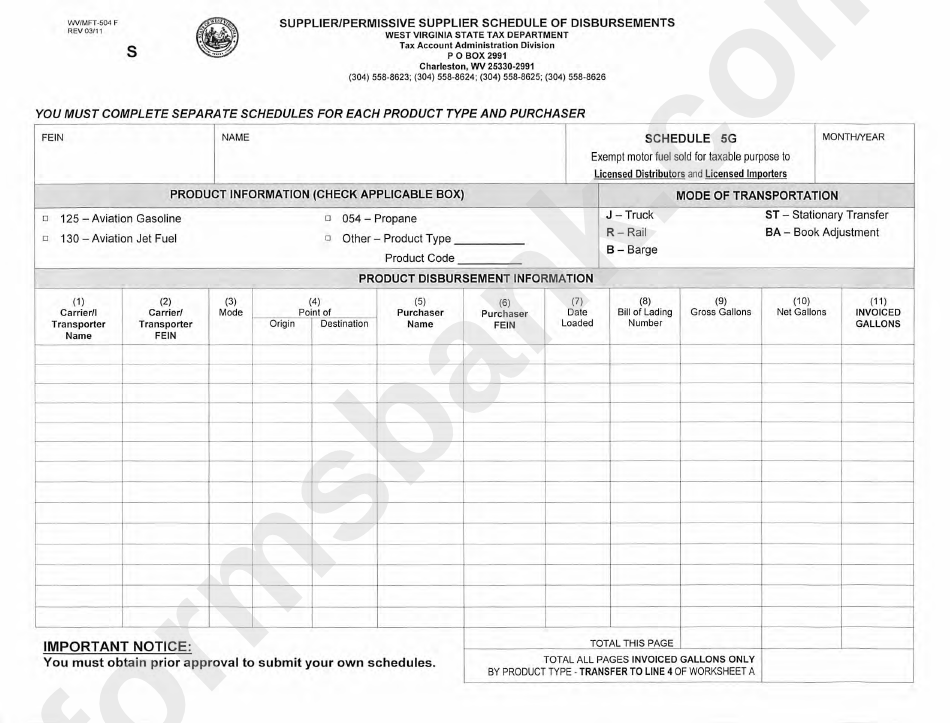 Form Wv/mft-504 F (Schedule 5g) - Supplier/permissive Supplier Schedule Of Disbursements