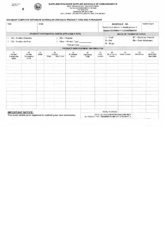 Fillable Form Wv/mft-504 F (Schedule 5g) - Supplier/permissive Supplier Schedule Of Disbursements Printable pdf