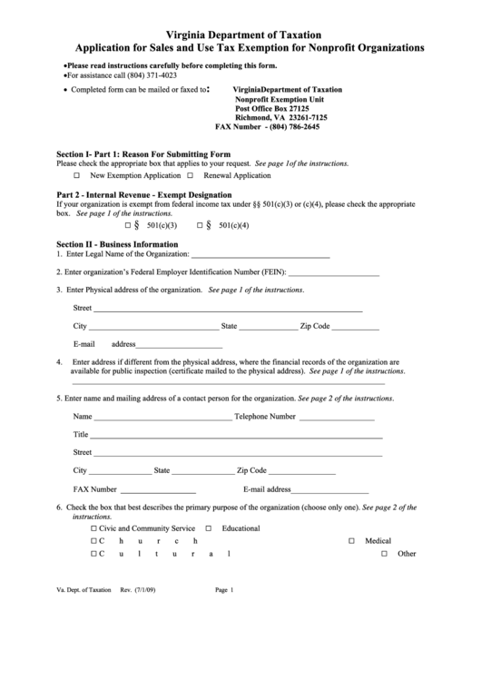 Application For Sales And Use Tax Exemption For Nonprofit Organizations - Virginia Department Of Taxation Printable pdf