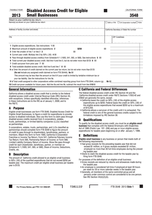 Fillable California Form 3548 - Disabled Access Credit For Eligible Small Businesses - 2013 Printable pdf