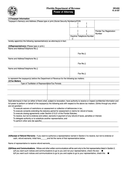 Fillable Form Dr-835 - Power Of Attorney Printable pdf