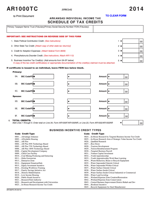 Fillable Form Ar1000tc - Arkansas Individual Income Tax Schedule Of Tax Credits - 2014 Printable pdf