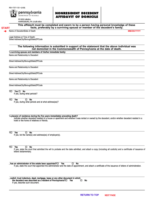 Fillable Form Rev-1737-1 Ex - Nonresident Decedent Affidavit Of Domicile Printable pdf