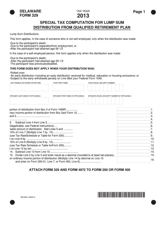 Fillable Form 329 - Special Tax Computation For Lump Sum Distribution From Qualified Retirement Plan - 2013 Printable pdf