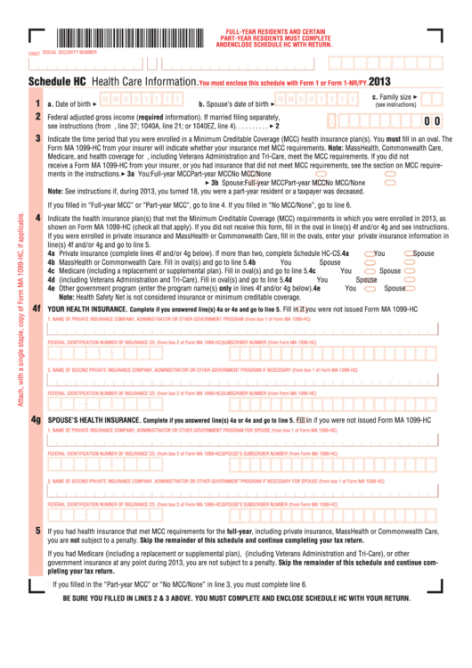 Schedule Hc - Health Care Information - 2013 Printable pdf