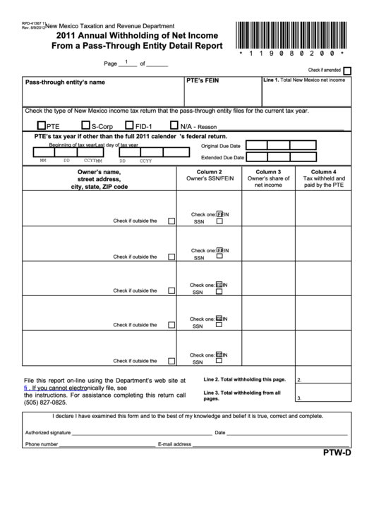 Form Rpd-41367 11 - Annual Withholding Of Net Income From A Pass-Through Entity Detail Report - 2011 Printable pdf