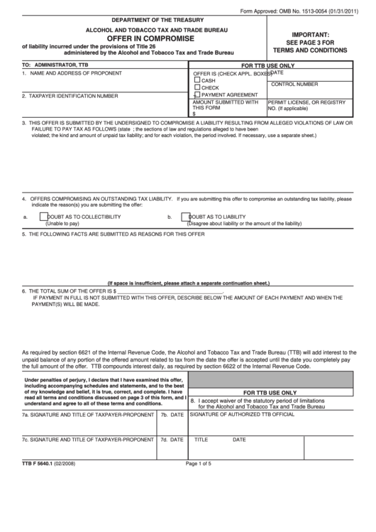 Fillable Form Ttb F 5640.1 - Offer In Compromise - 2011 Printable pdf