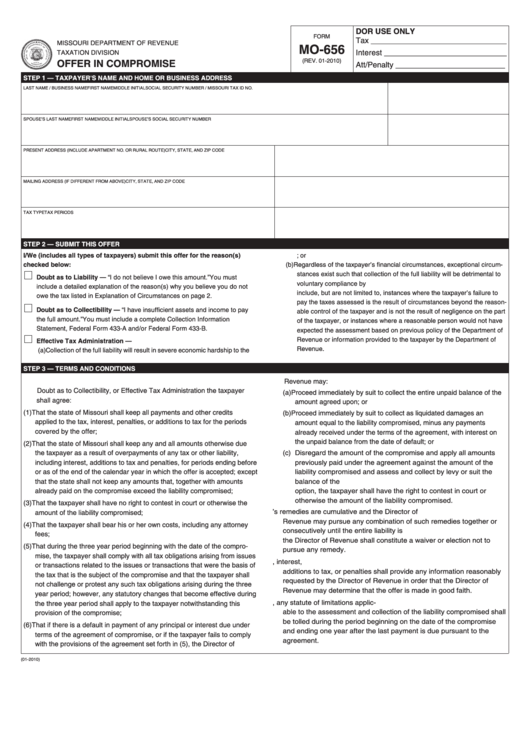 Fillable Form Mo-656 - Offer In Compromise - 2010 Printable pdf
