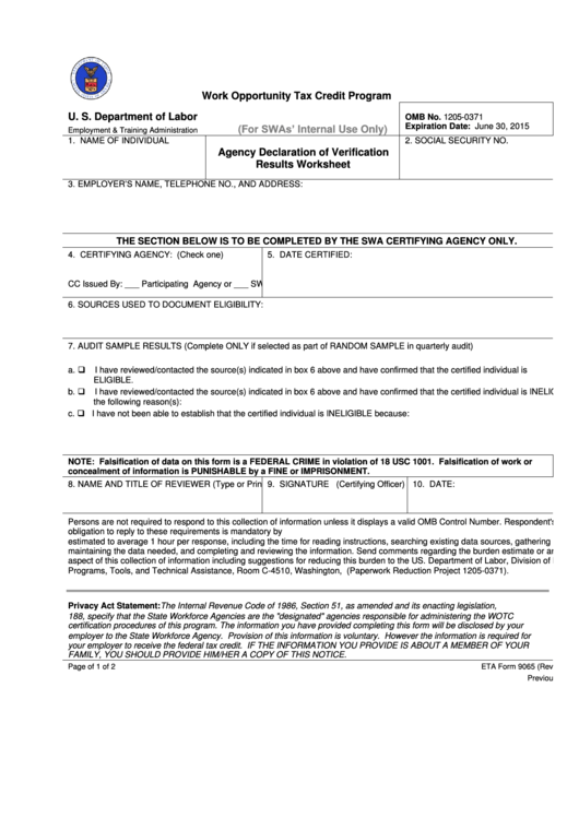 Eta Form 9065 - Work Opportunity Tax Credit Program Printable pdf