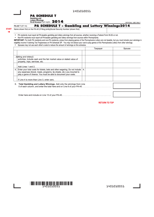 Fillable Schedule T (Form Pa-40t)- Gambling And Lottery Winnings - 2014 Printable pdf