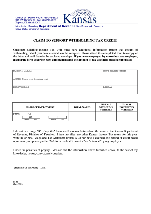 Form Ia-81 - Claim To Support Withholding Tax Credit Printable pdf