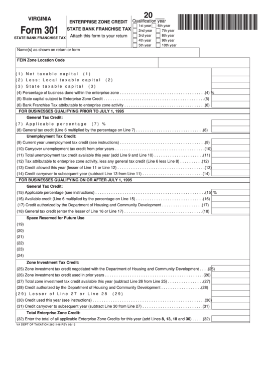 Fillable Form 301 - Virginia Enterprise Zone Credit State Bank Franchise Tax Printable pdf