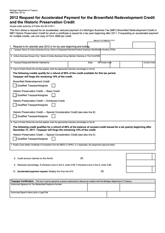 Form 4889 - Request For Accelerated Payment For The Brownfield Redevelopment Credit And The Historic Preservation Credit - 2012 Printable pdf