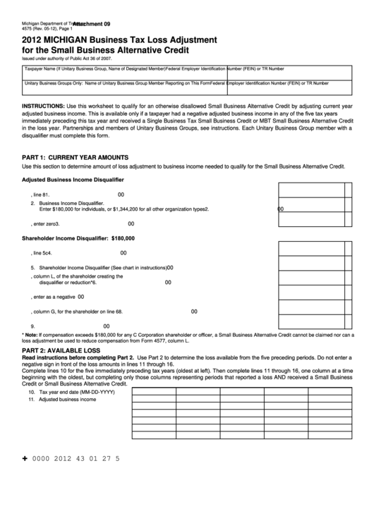 Form 4575 - Michigan Business Tax Loss Adjustment For The Small Business Alternative Credit - 2012 Printable pdf