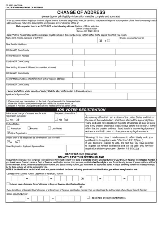 Form Dr 2285 - Change Of Address Printable pdf