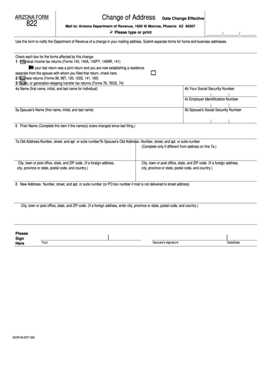 Arizona Form 822 - Change Of Address Printable pdf