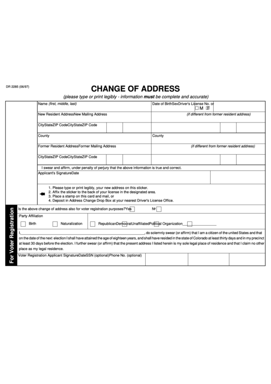 Fillable Form Dr 2285 - Change Of Address Printable pdf