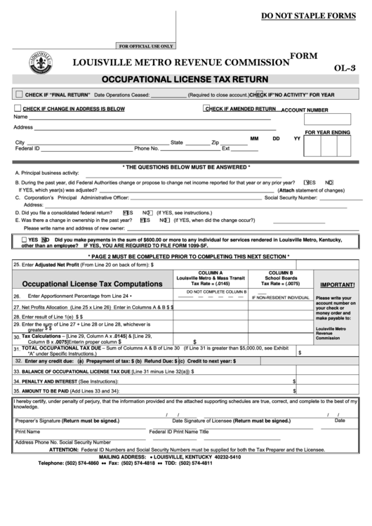 Fillable Form Ol-3 - Occupational License Tax Return Printable pdf