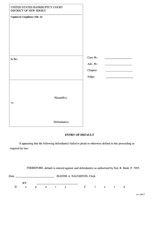 Fillable Entry Of Default - United States Bankruptcy Court - District Of New Jersey Printable pdf