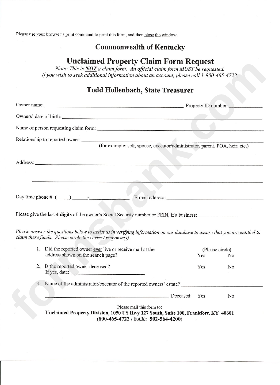 Unclaimed Property Claim Form Request - Commonwealth Of Kentucky