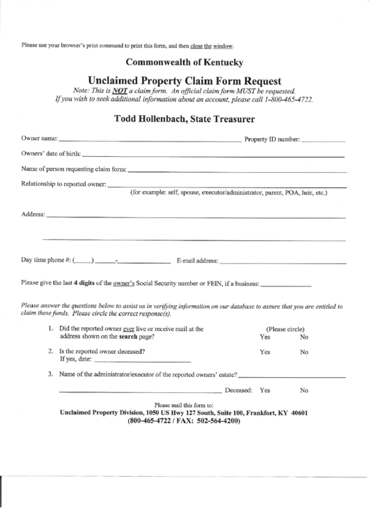 Unclaimed Property Claim Form Request - Commonwealth Of Kentucky Printable pdf