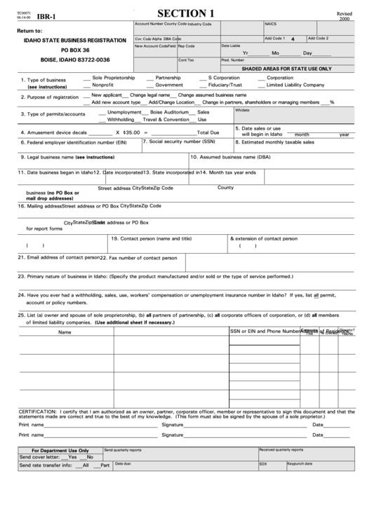 Form Ibr-1 - Idaho Business Registration Form printable pdf download