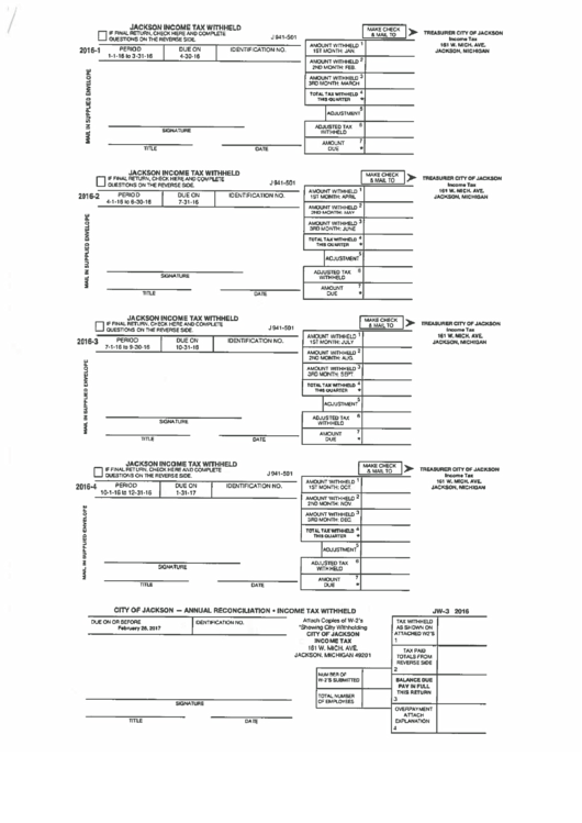 Form J 941-501 - Jackson Income Tax Withheld - 2016 Printable pdf